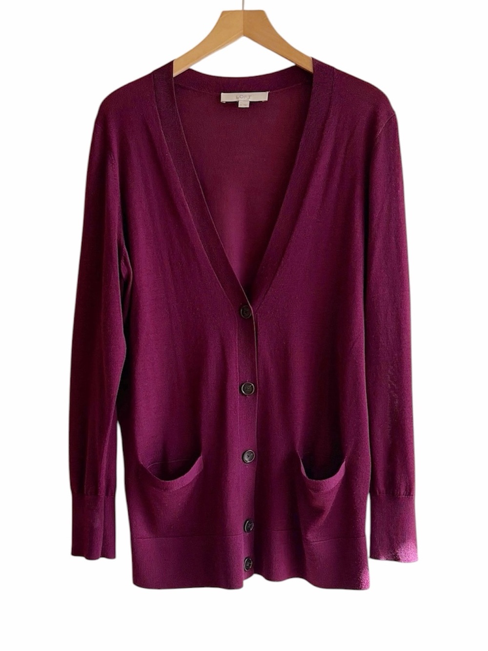 LOFT aubergine long boyfriend cardigan sweater size XL